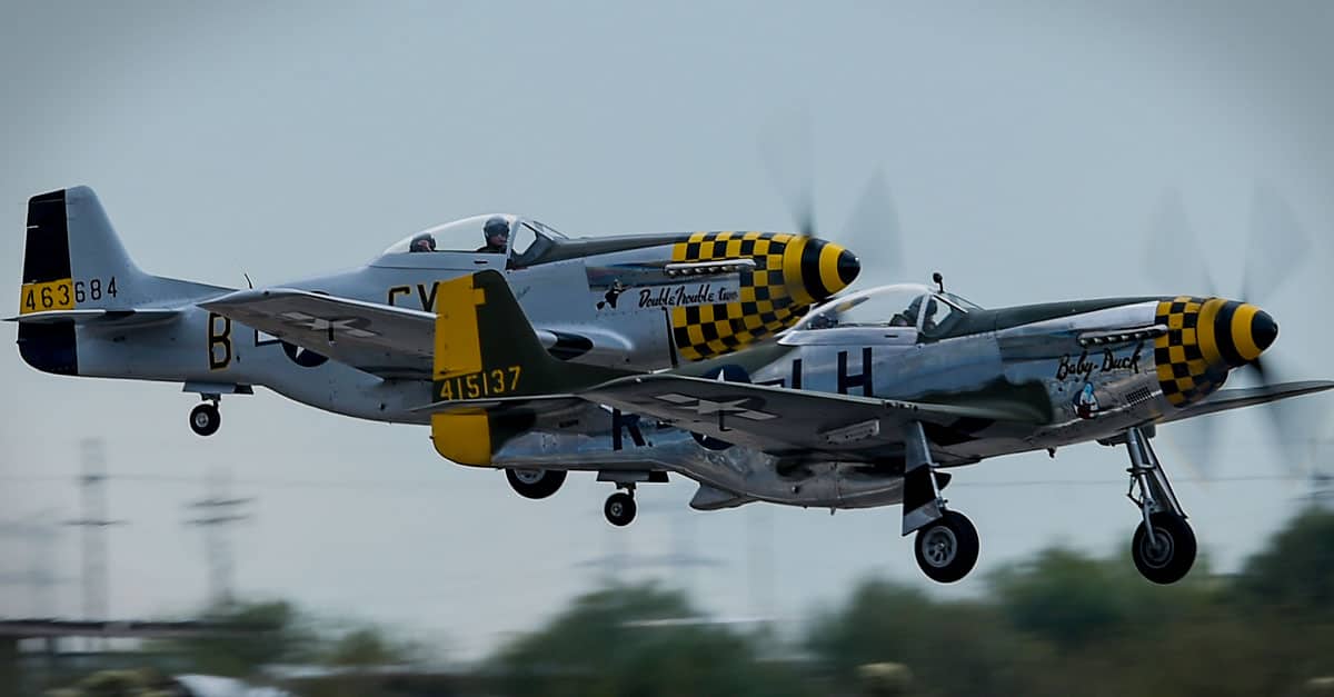 P-51-Two P-51 Mustangs take off during the 2017 Heritage Flight Training and Certification Course