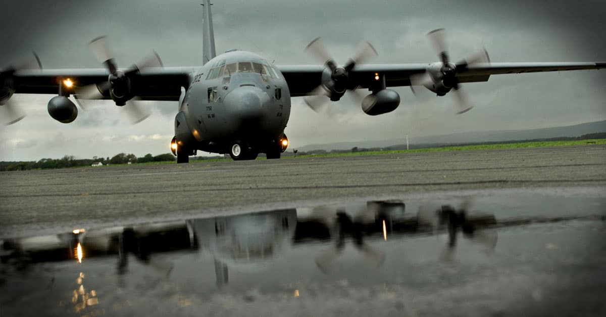 C-130_A United States Air Force C-130 Hercules arrives on a soggy West Freugh Airfield, Scotland