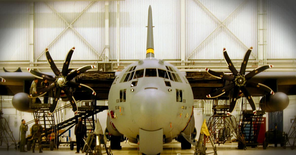 C-130_A Wyoming Air National Guard C-130H Hercules sits in hangar