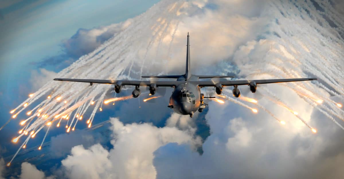 C-130_An AC-130U gunship from the 4th Special Operations Squadron, jettisons flares over an area near Hurlburt Field, Fla.